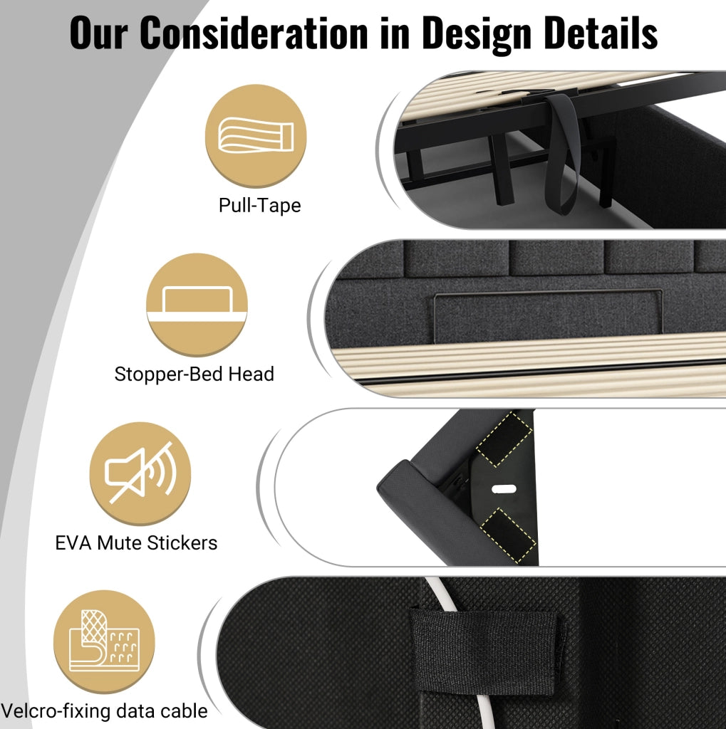 Letto matrimoniale contenitore 180x200 cm con LED; ricarica USB e materasso; grigio