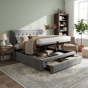 Letto imbottito con contenitore e cassetti in velluto grigio