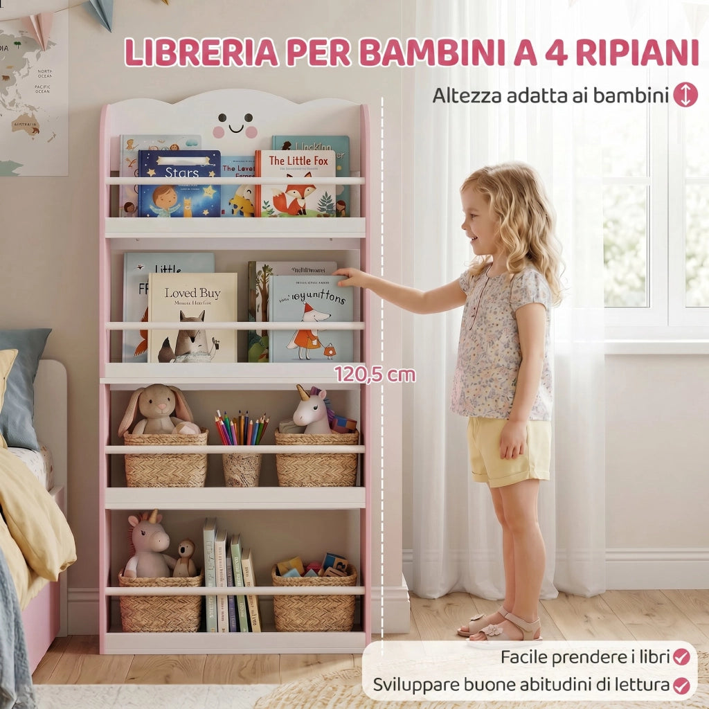 Libreria Montessoriana per Bambini 3-6 Anni con Tema Zucchero Filato, 4 Ripiani in Legno, per Cameretta, Rosa