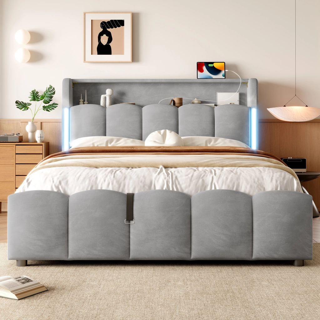 Letto contenitore 140 × 200 cm matrimoniale con vano idraulico; LED; USB e Type-C; senza materasso; in velluto grigio