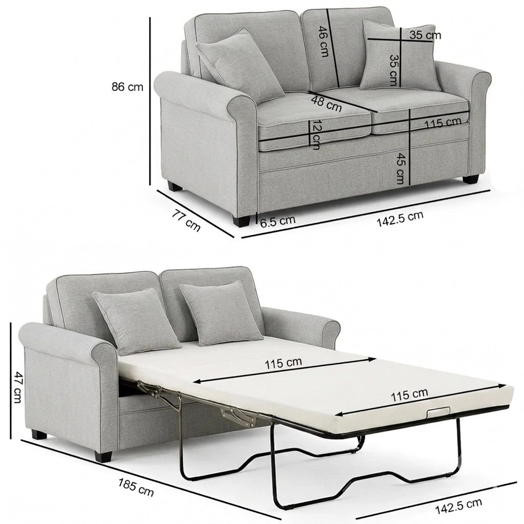 Divano Letto a 2 Posti 142,5x77x86 cm con Cuscino Memory Ergonomico e Apertura Facile in Tessuto Grigio