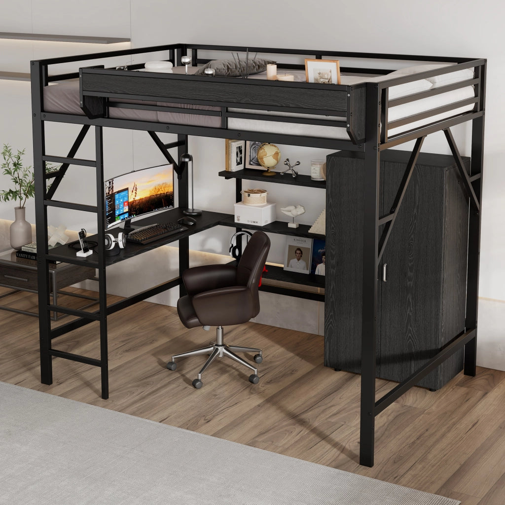 Letto a soppalco per bambini 140 × 200 cm con scrivania, armadio, ripiani e struttura in ferro e MDF nera