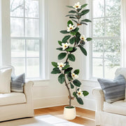 Ficus Elastica Artificiale 180 cm con Fiori di Magnolia e Vaso Bianco
