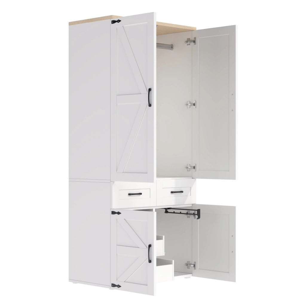 Armadio con 4 ante, 2 bastoni appenderia e 5 cassetti, 90x50x200 cm, stile country bianco
