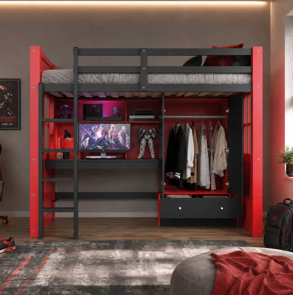 Letto a soppalco 90 x 200 cm in legno con scala; LED; prese; armadio; cassetti e scrivania; nero e rosso