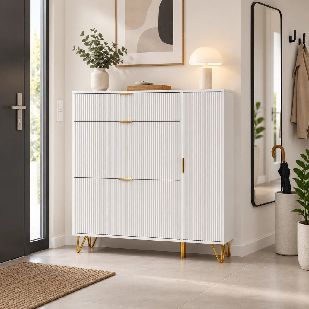 Scarpiera Salvaspazio 110x24x118 cm, Mobile Portascarpe con 2 Ante Porta Scarpe a Ribalta, Maniglie a Scomparsa, Ripiani Interni, Piedini Dorati, Bianco