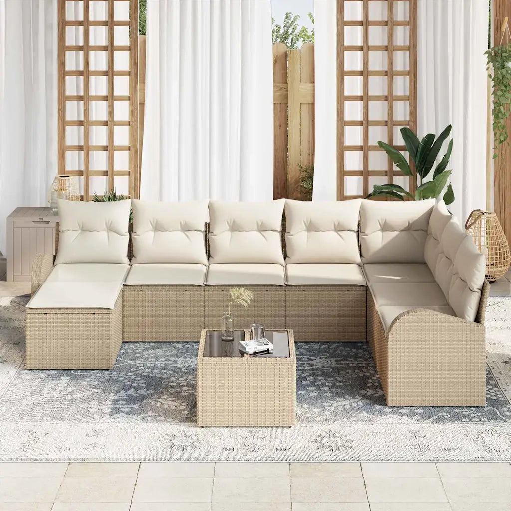 Set Divano da Giardino con cuscino 9 pcs Beige Poly Rattan