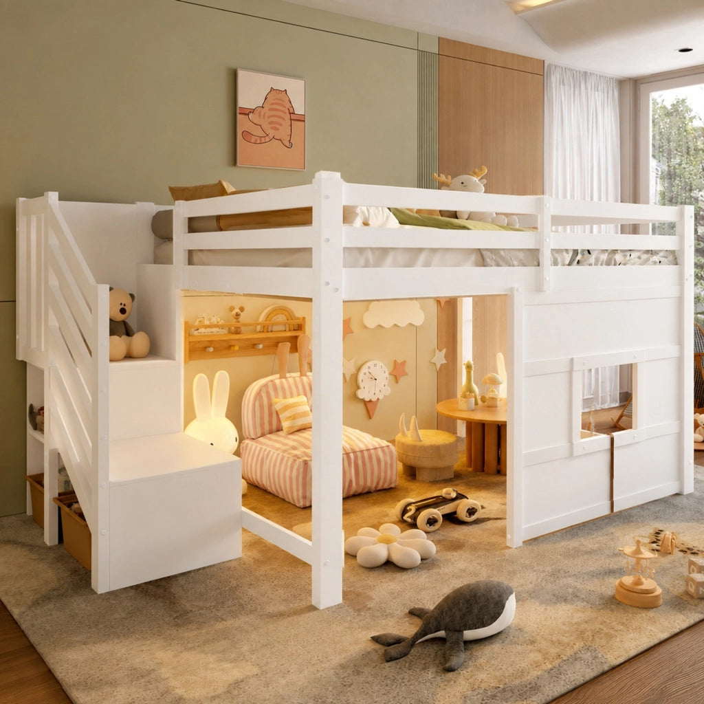 Letto a soppalco 140 × 200 cm con scala contenitore; finestra e LED in legno di pino; MDF e compensato bianco