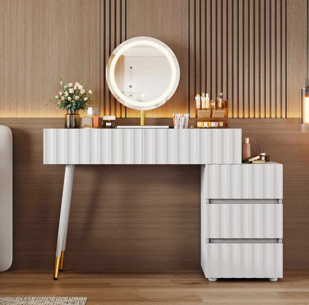 Toeletta con specchio LED 100x40x127 cm, 5 cassetti bianca HAVRYA