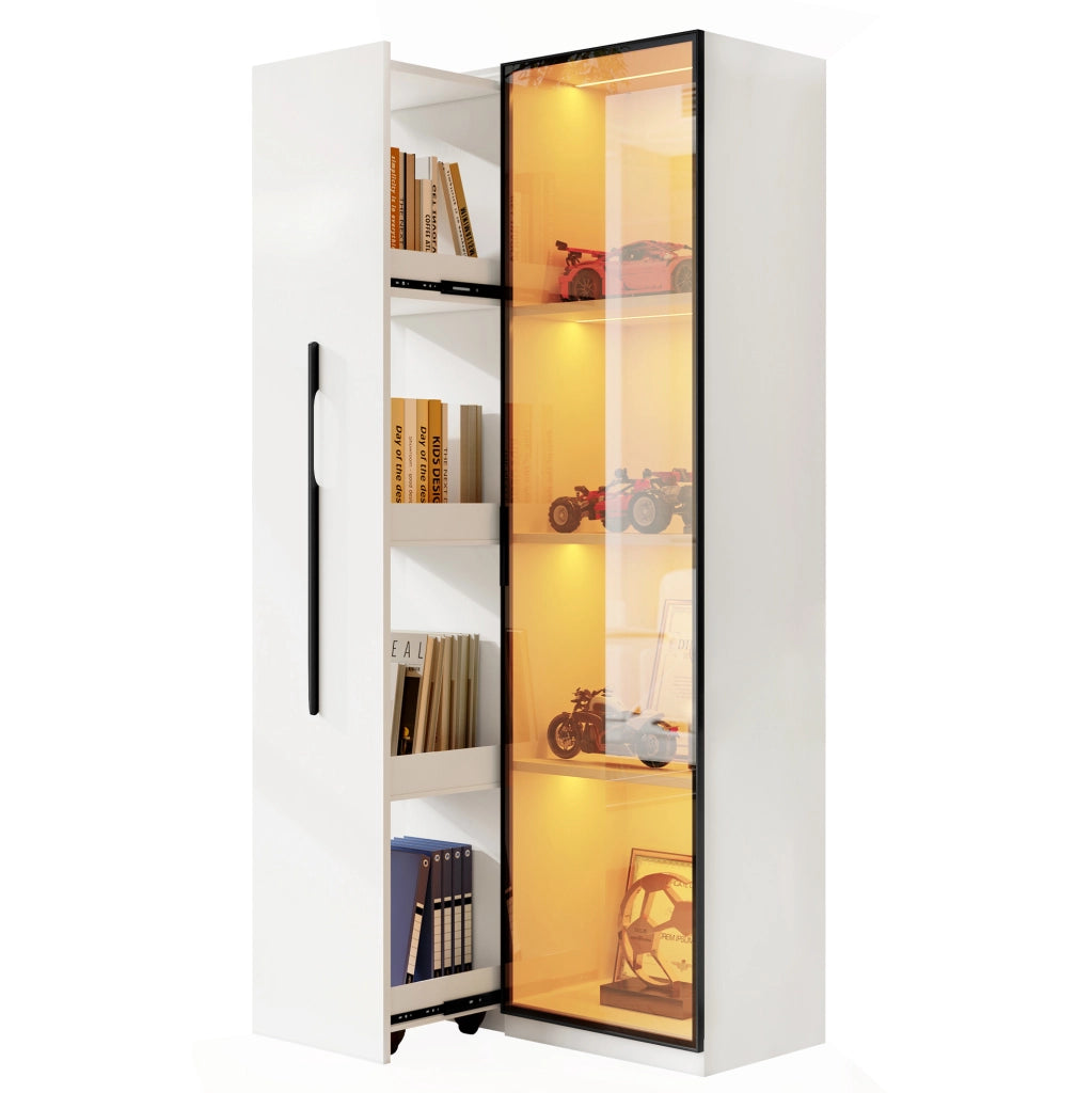 Mobile multifunzione 70 x 40 x 160 cm con libreria estraibile; vetrina LED e vetro temperato; MDF bianco