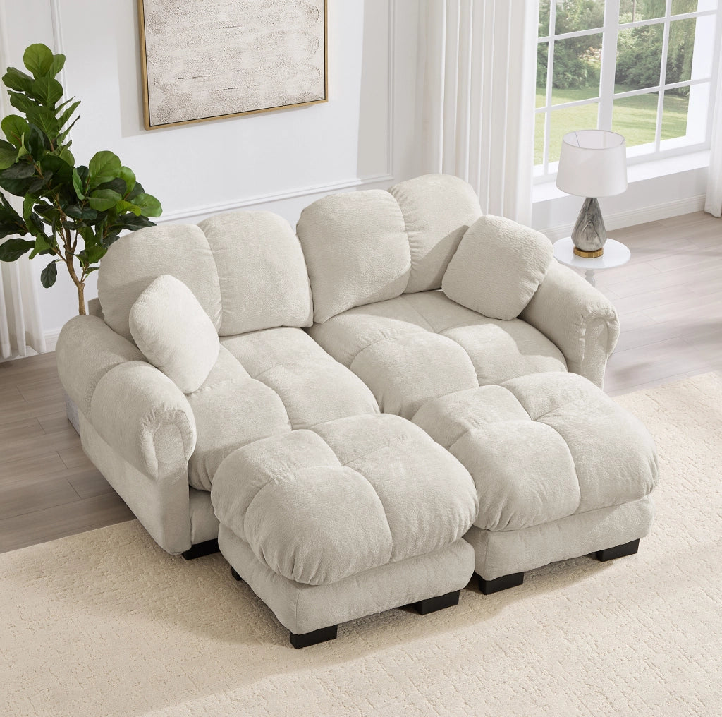 Divano modulare 2 posti 190x149x90 cm in ciniglia kaki chiaro con ottomana mobile