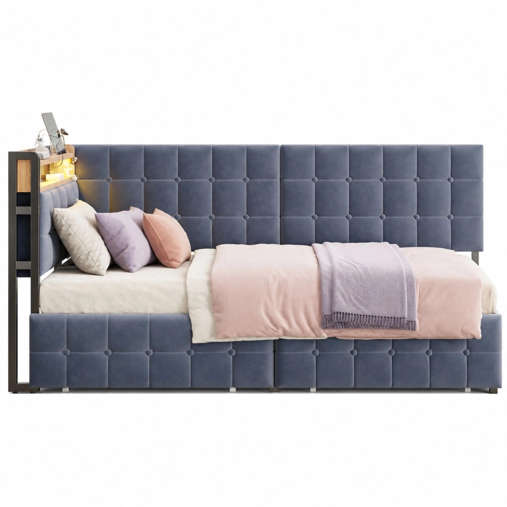 Divano letto imbottito 90x200 cm grigio con LED, USB/Type-C, 2 cassetti