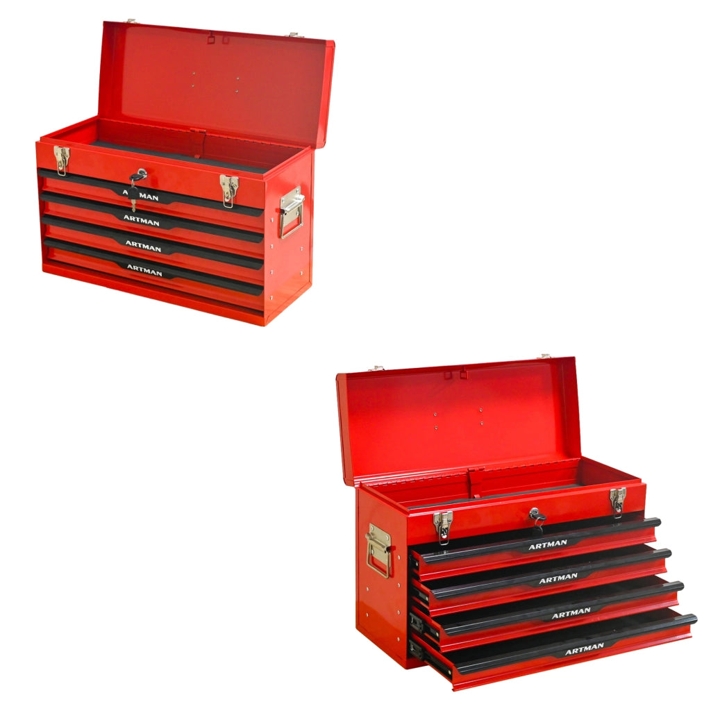 Cassetta Porta Attrezzi in Acciaio 53x22x35 cm con Cassetti e Serratura Metallica, Nero e Rosso