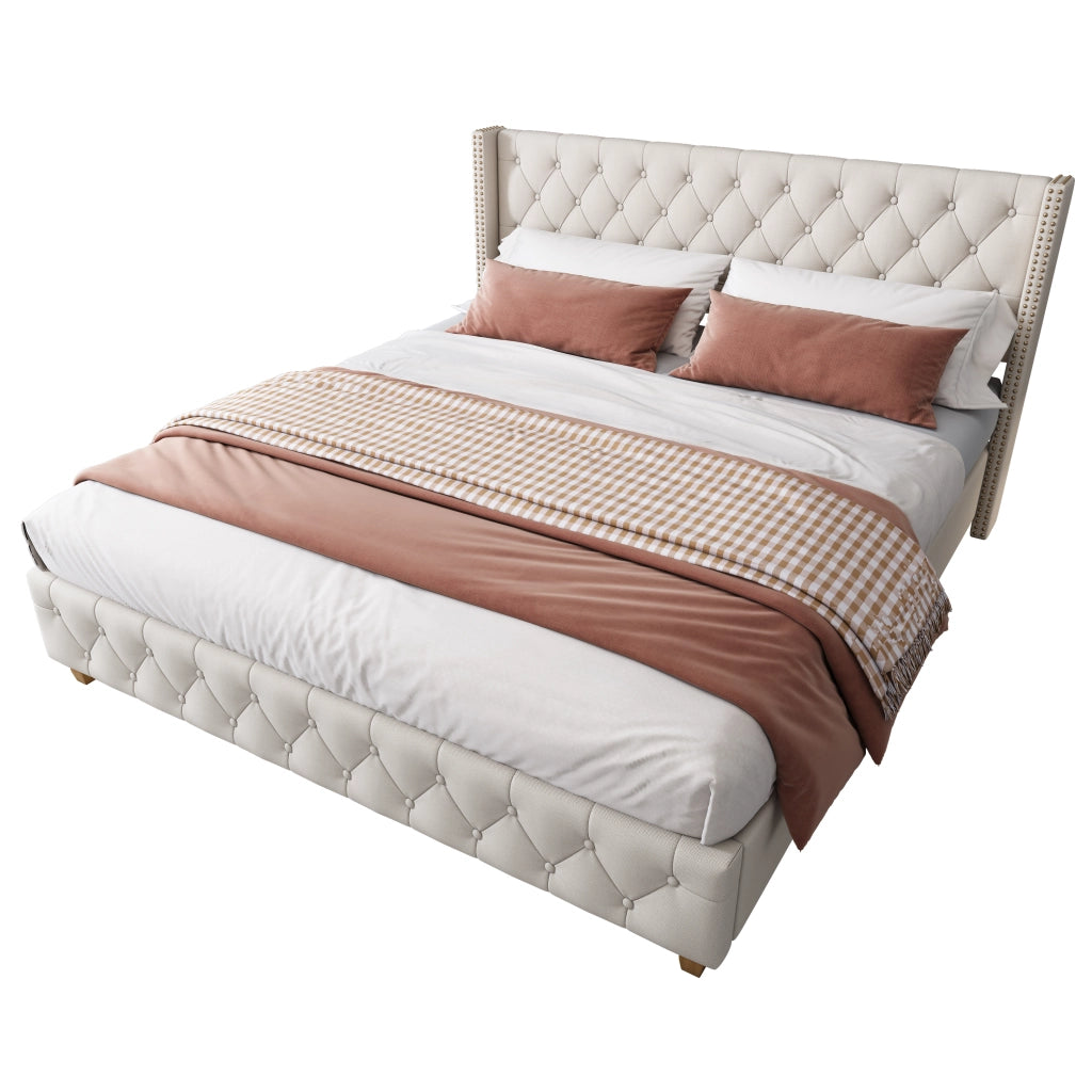 Letto matrimoniale imbottito in lino 160 x 200 cm, letto matrimoniale, testiera trapuntata a bottoni e borchie decorative, piedi in legno, beige