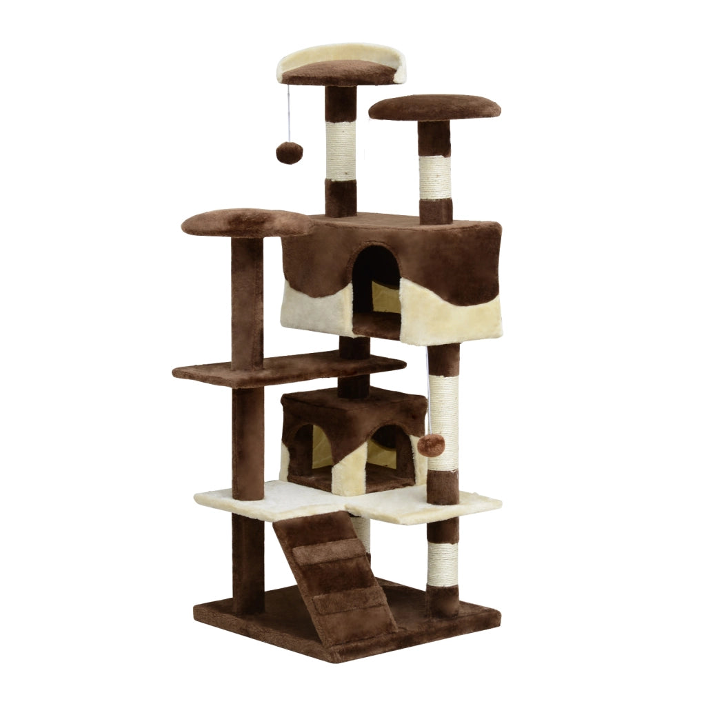 EasyComfort Albero Tiragraffi per Gatti in Peluche e Sisal con Cucce e Pallina 50×50×134.5cm Caffè e Crema