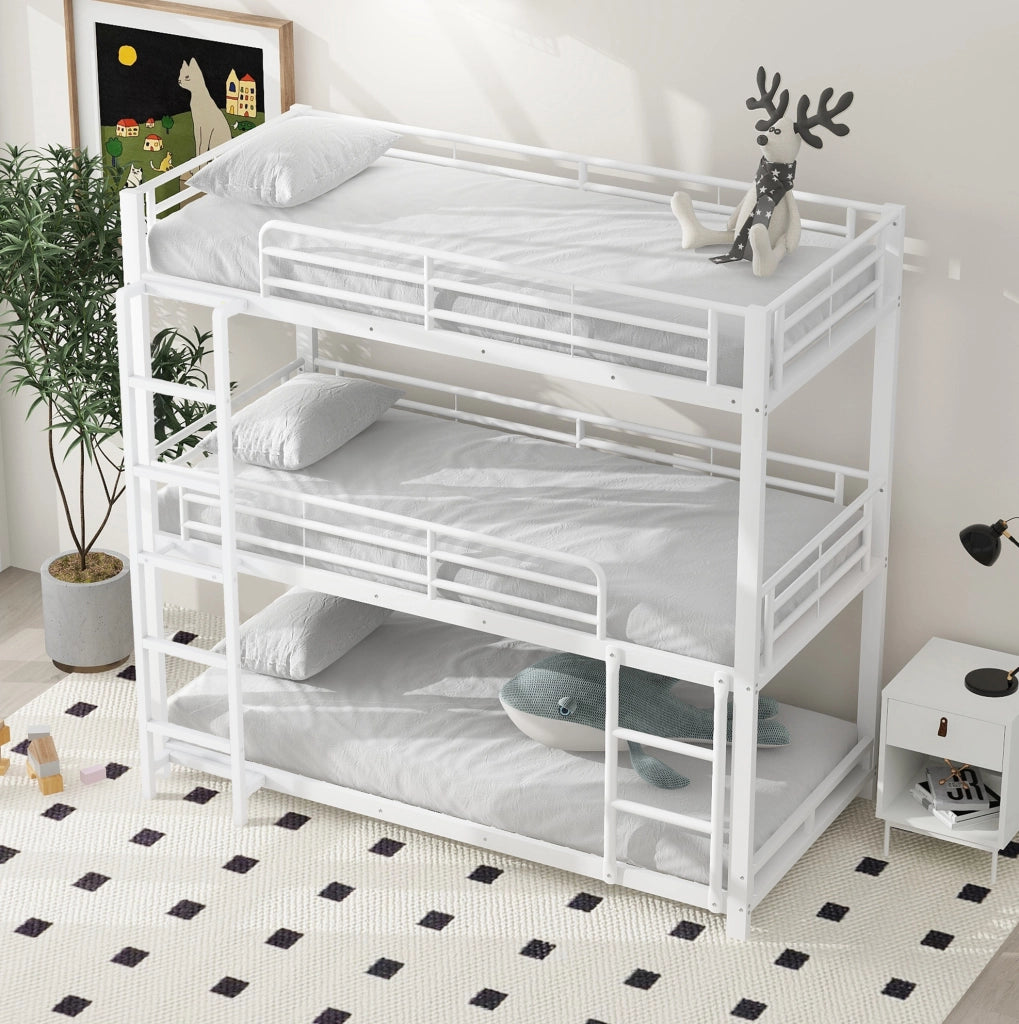 Letto a castello triplo in metallo 90 x 200 cm con scala fissa; bianco