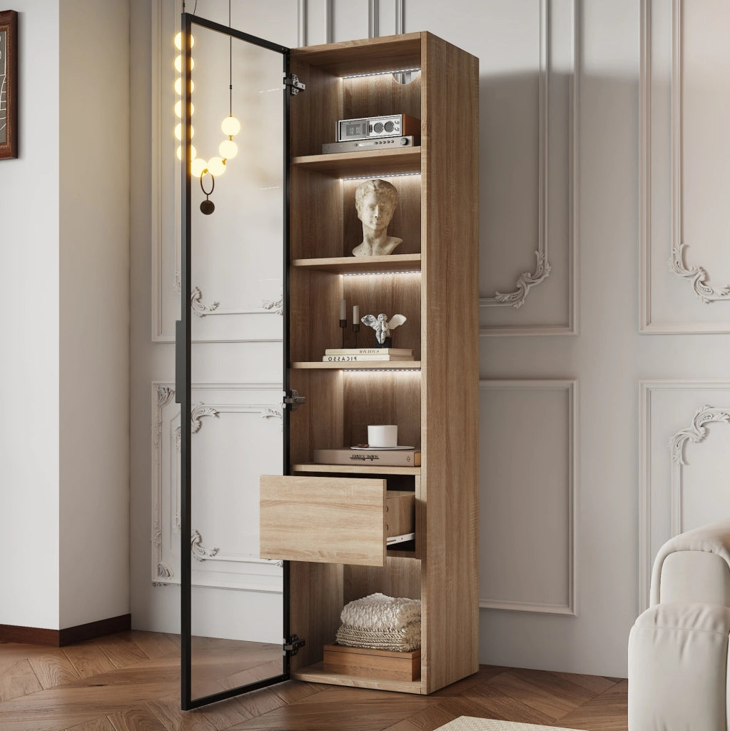 Mobiletto da bagno medio con luce, 40 cm di larghezza, 1 cassetto grande e 1 anta in vetro temperato