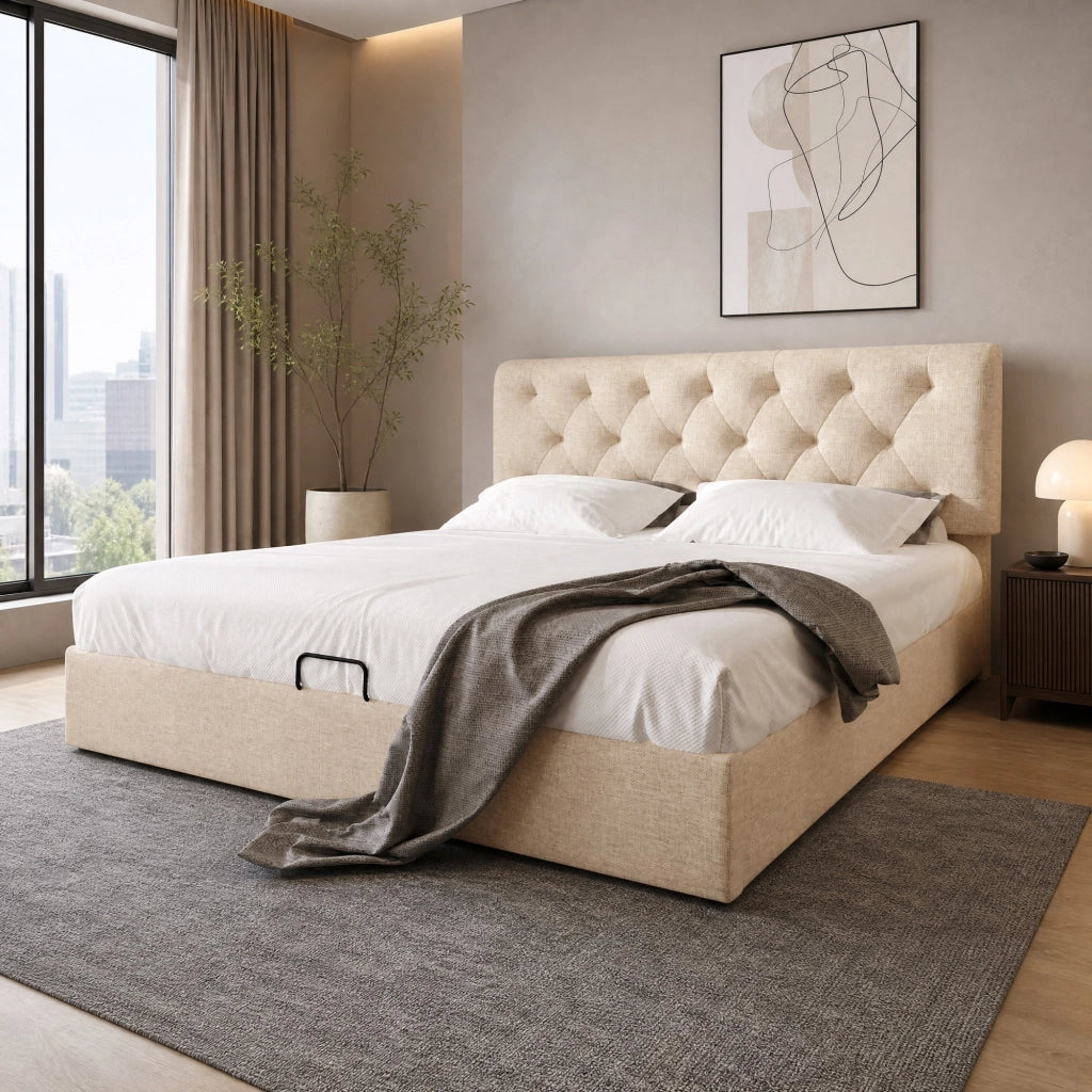 Letto con contenitore 160 × 200 cm con materasso a molle; testiera regolabile e rete a doghe in lino naturale