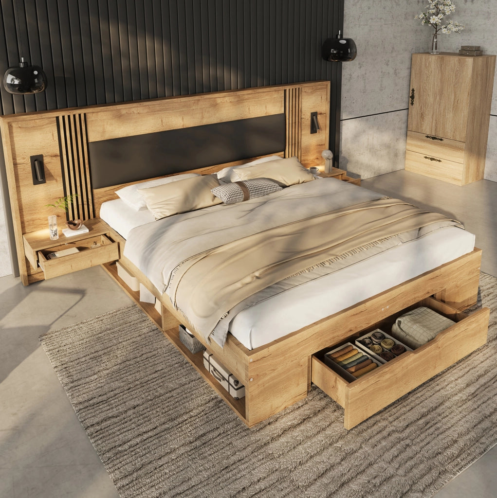 Letto matrimoniale 180x200 cm con 5 vani; 2 comodini e luci orientabili; MDF; naturale
