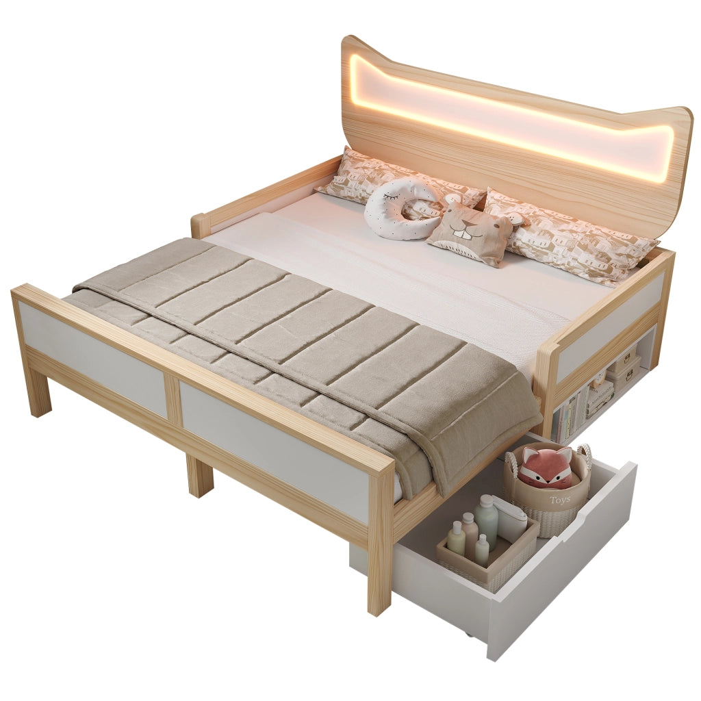 Letto 140x200 con LED RGB e Testiera a Forma di Gatto; Struttura in Legno Bianco e Rovere con Cassetti Reversibili