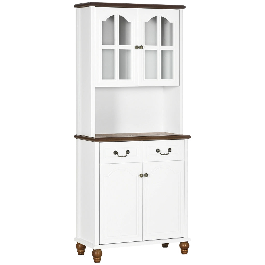 Cristalliera da cucina con 2 cassetti e vano aperto in MDF bianco con finestre in vetro 76 × 38 × 182 cm