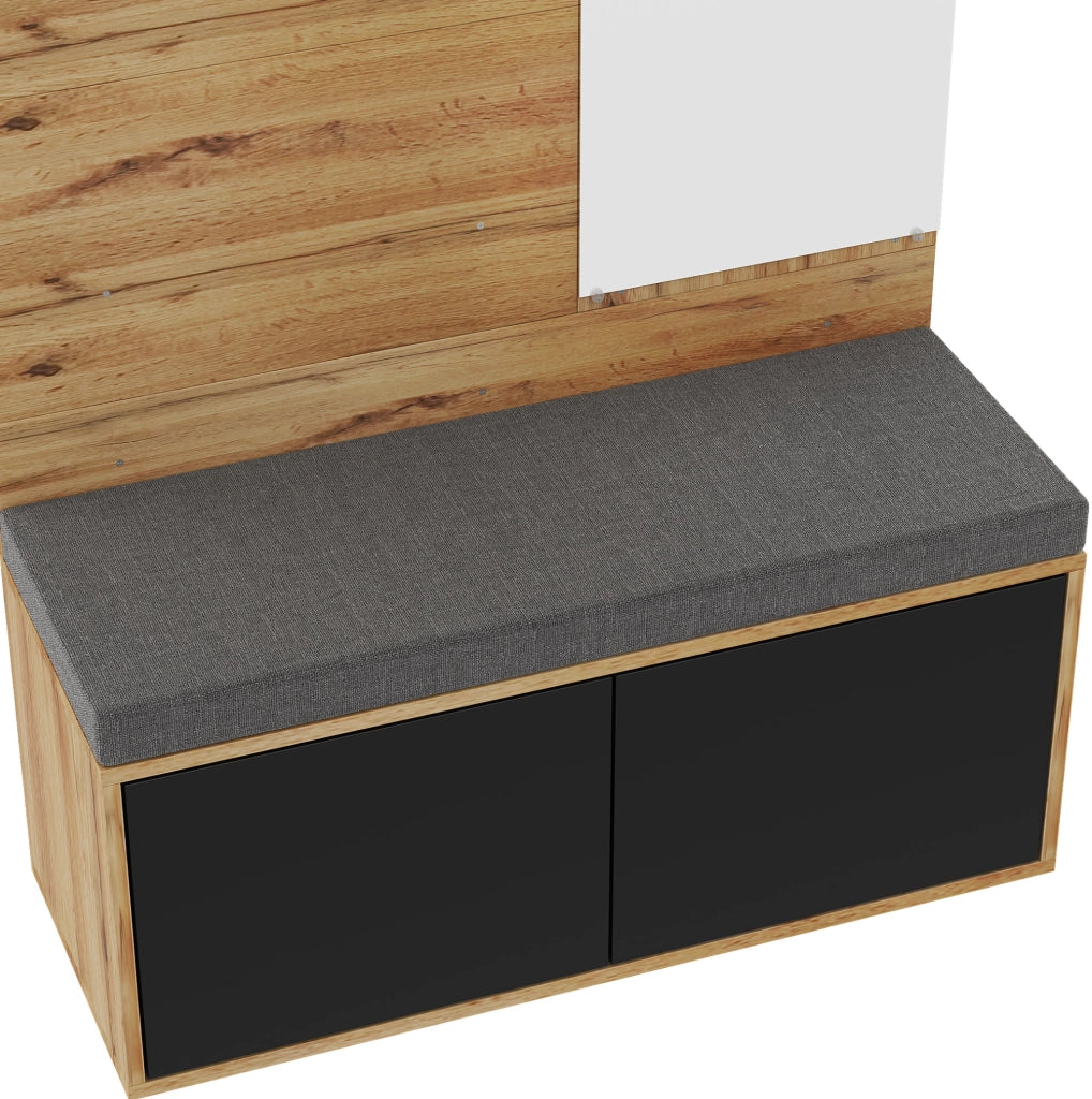 Guardaroba compatto da ingresso nero e legno con specchio