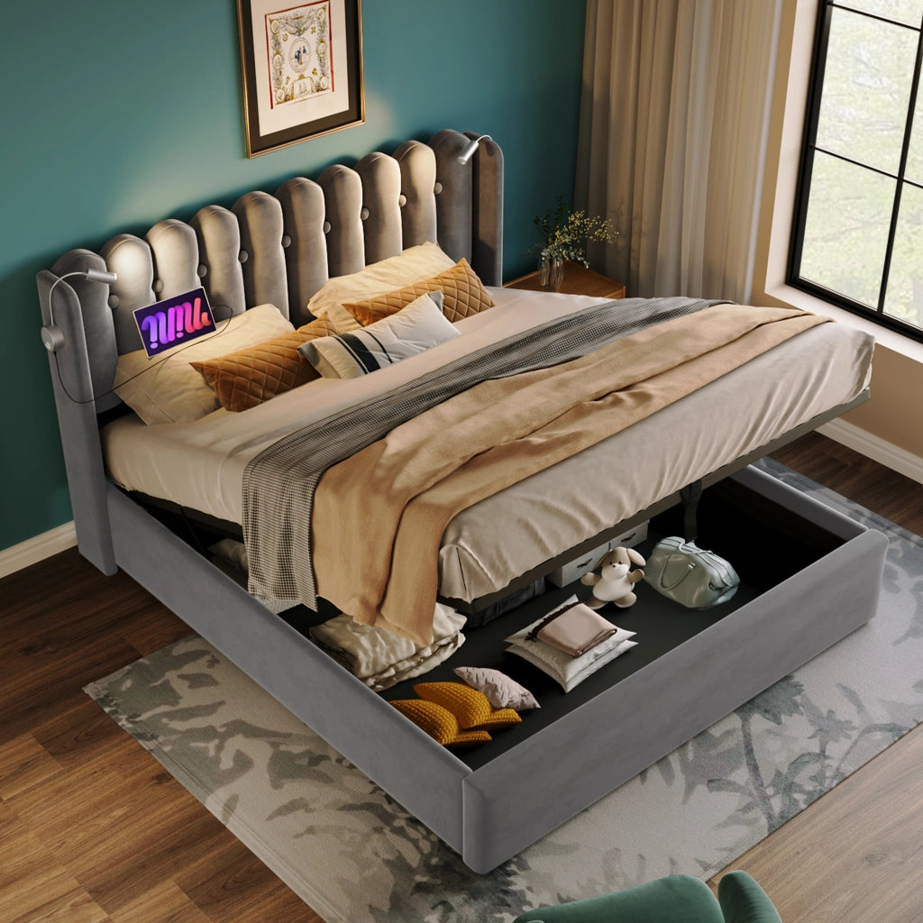 Letto matrimoniale imbottito 160 ¡Á 200 cm con contenitore luce da lettura usb velluto grigio con materasso