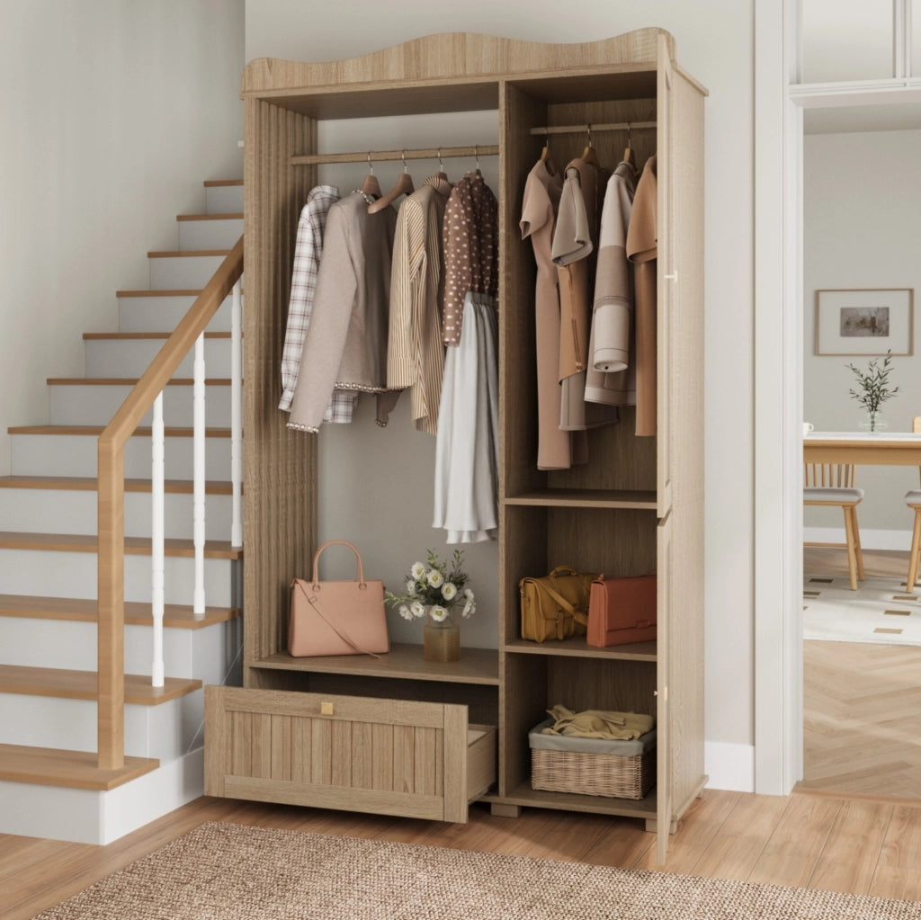Guardaroba con specchio integrato e appendiabiti aperto in MDF color quercia, 115,5x38,5x194,5 cm