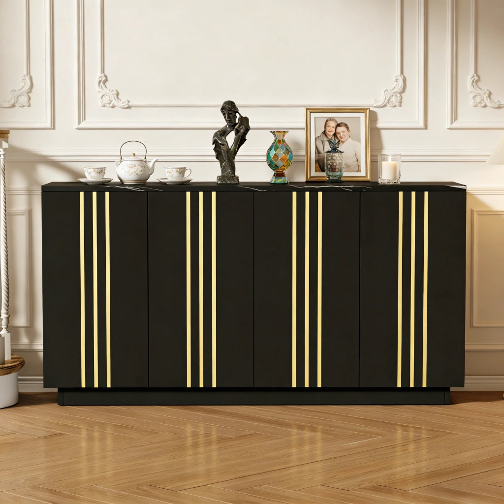 Madia con 4 ante e divisori regolabili in truciolato nero e oro con piano effetto pietra 35 × 140 × 70 cm