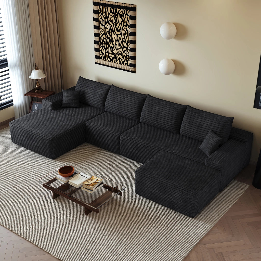Divano angolare modulare con chaise longue e schiuma elastica in tessuto a coste nero