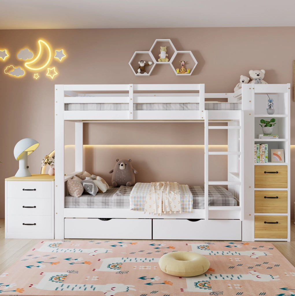 Letto a castello 90x200 cm in legno massello e MDF con cassetti e scaffale laterale; bianco e naturale