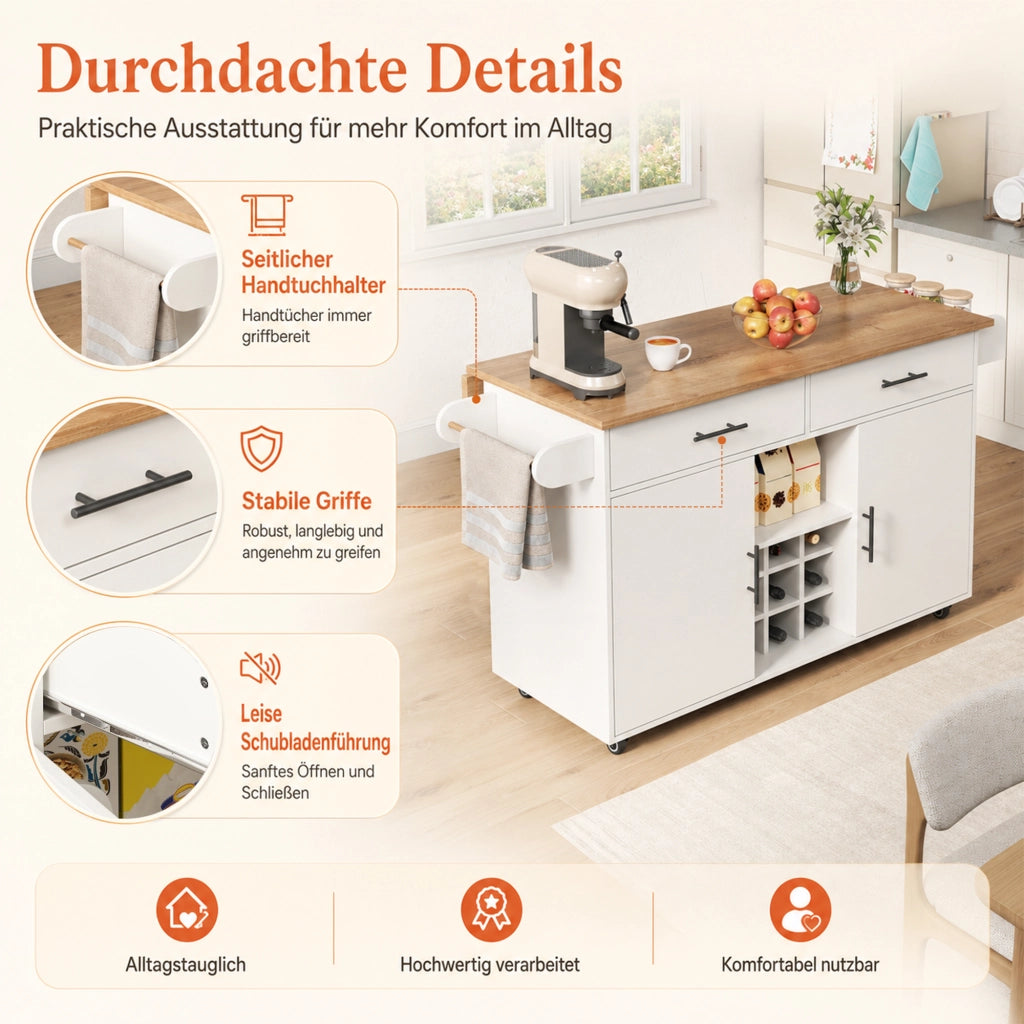 Mobile base da cucina con piano pieghevole; ruote; 2 cassetti e portabottiglie bianco 120 × 45 × 84 cm