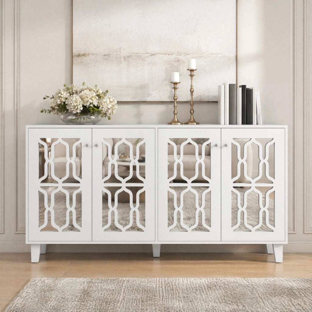 Credenza bianca con superficie a specchio; 4 ante e ripiano interno mobile; 160 x 40 x 84 cm