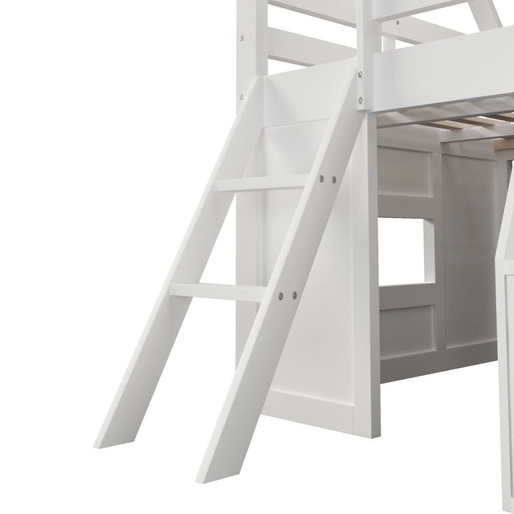 LETTO A SOPPALCO a Casetta 140x200 cm Bianco con Scala, LED e Contenitori