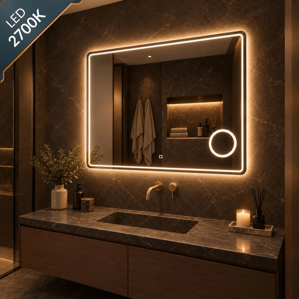 Specchio 5mm rettangolare smussato cornice led interruttore touch lente *** misure 90x70 cm, tonalità dimmerabile 27...