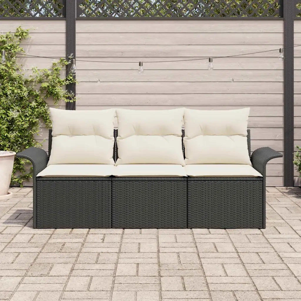 Set Divano da Giardino con cuscino 3 pcs Nero Poly Rattan