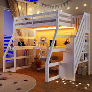Letto a soppalco in legno 90x200 cm con scrivania; scala con contenitore e LED; bianco