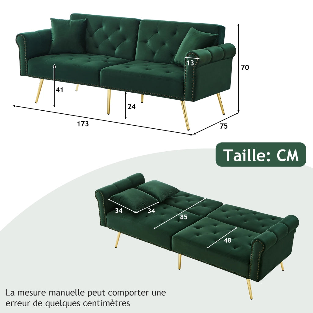 Divano letto 2 posti 173 x 75 x 70 cm con schienali regolabili; velluto; verde antico
