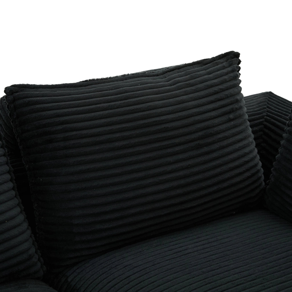 Divano modulare 3 posti con pouf, tessuto in velluto nero, con cuscini, portabicchieri e 2 tasche laterali