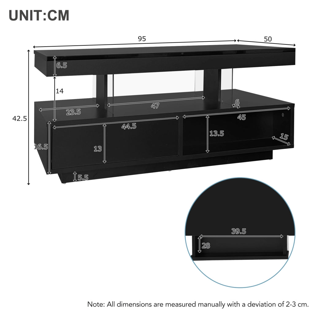 Tavolino da salotto 95x50x42;5 cm con LED Bluetooth; 2 cassetti e 2 vani; nero in truciolare