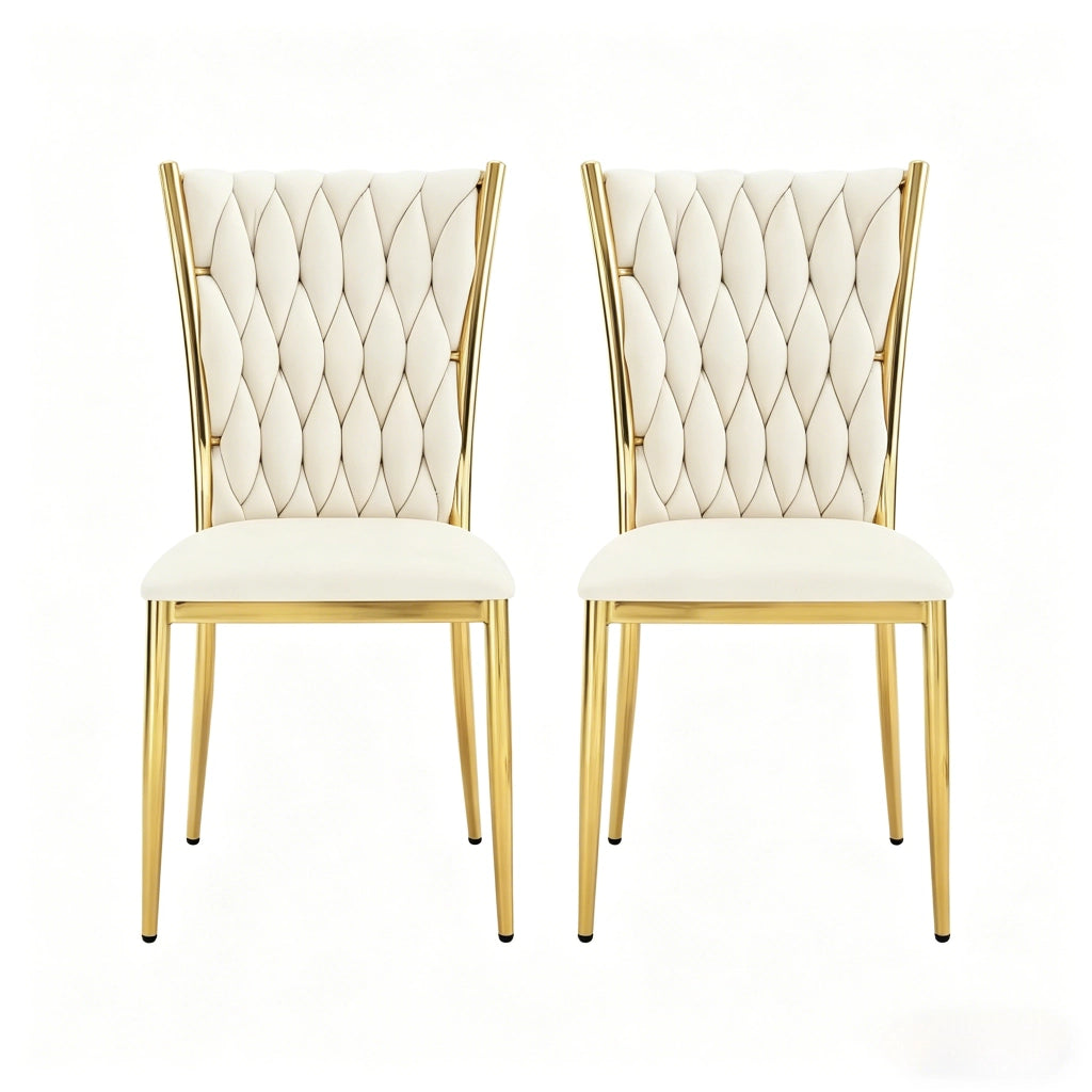 Sedia da Pranzo con Schienale Alto Ergonomico e Piedini Regolabili in Velluto Metallo Bianco Crema Oro
