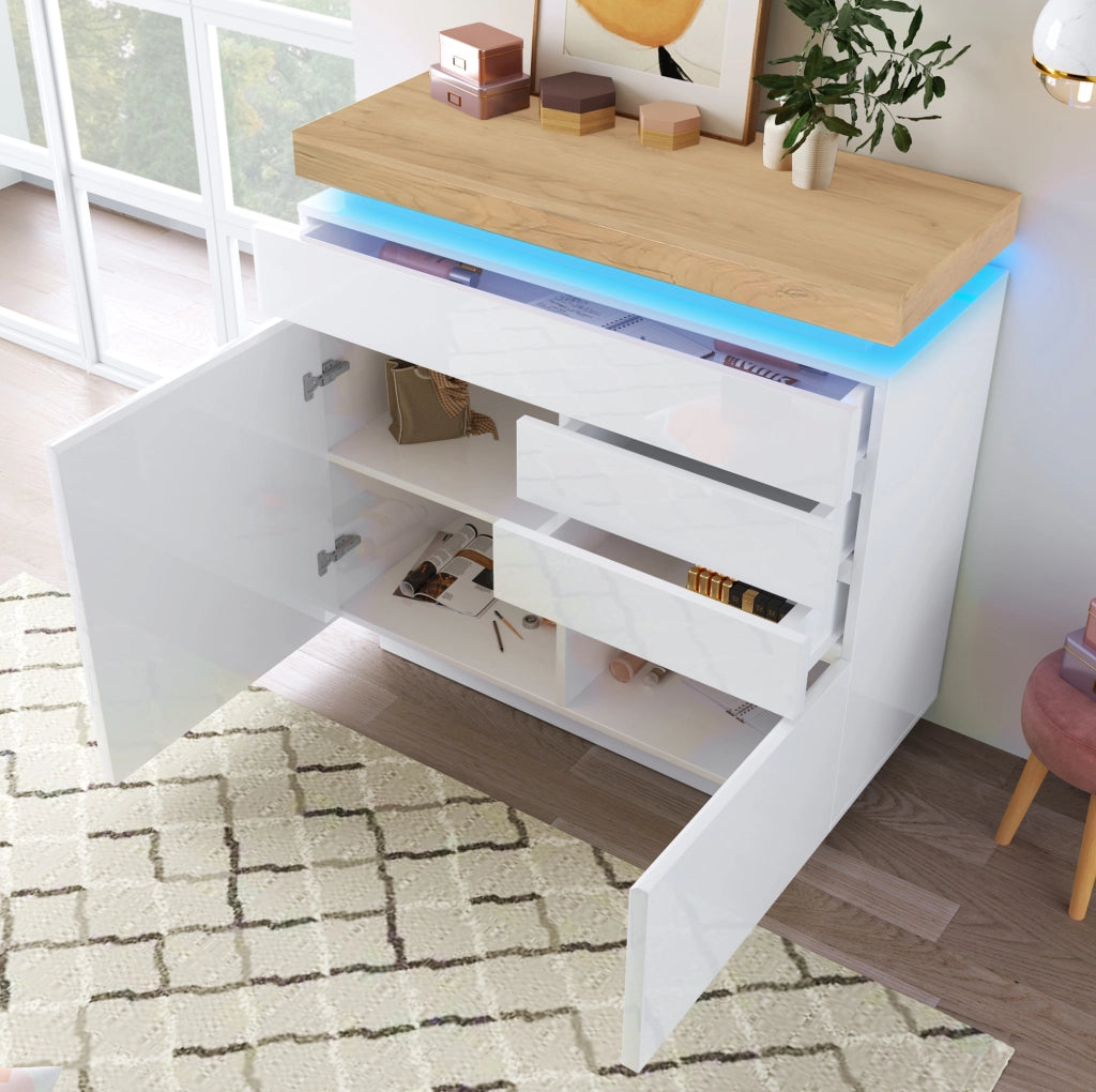 Sideboard bianco lucido con 2 ante, 3 cassetti e illuminazione LED controllabile via app, 115x110x39 cm