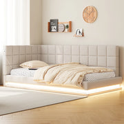 Divano letto 90 × 200 cm con LED a colori variabili; porta USB; rete a doghe e rivestimento in lino beige