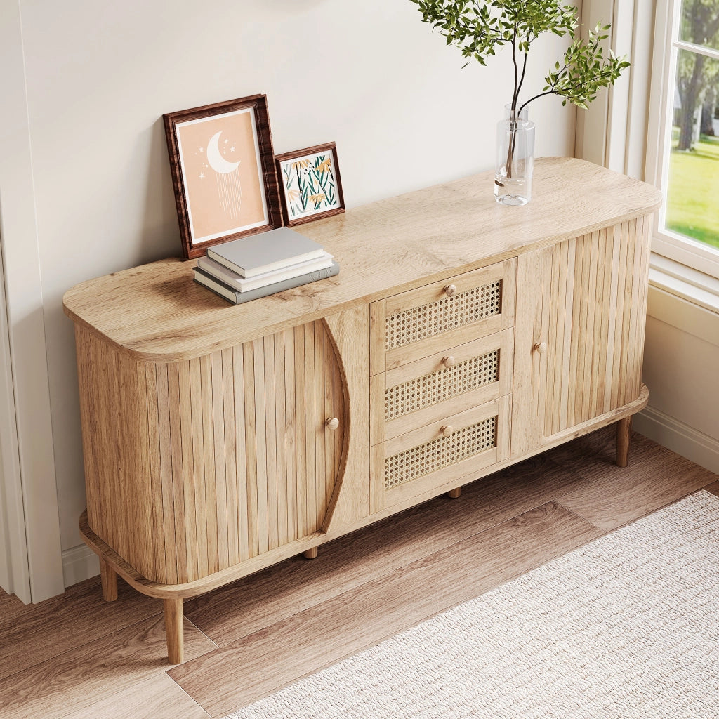 Credenza con 3 cassetti in rattan e ante scorrevoli, ripiani regolabili per soggiorno e ingresso, naturale, 140.5 × 40 × 76 cm