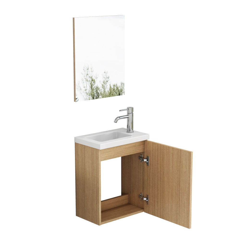 Mobile lavabo sospeso per bagno con lavandino in ceramica e specchio, colore quercia, maniglie in metallo, cerniere ammortizzate, preassemblato