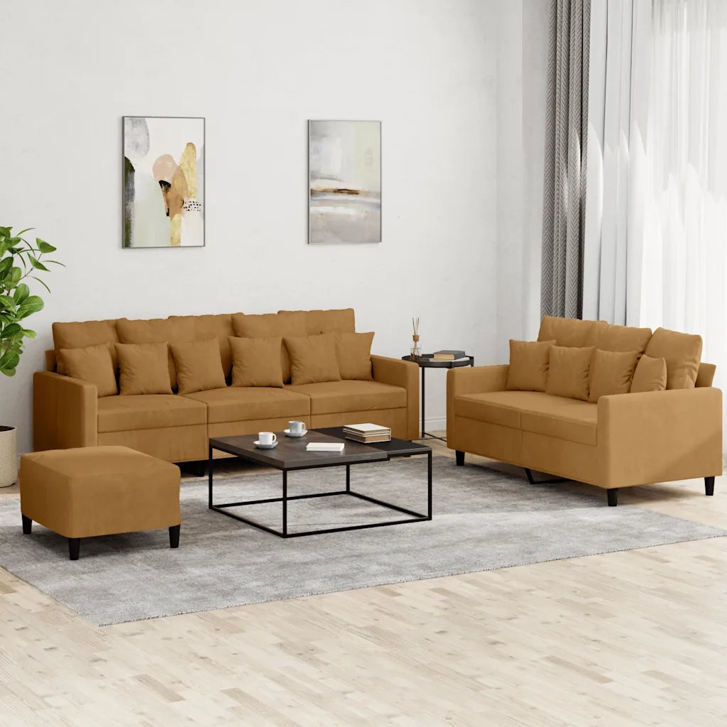 Set di Divani 3 pz con Cuscini Marrone in Velluto