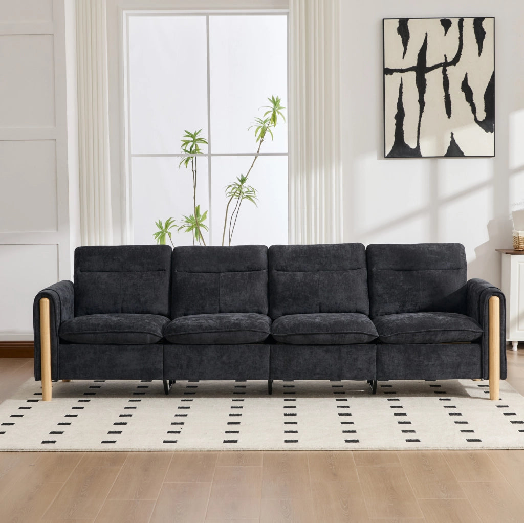 Divano modulare a U 4 posti con 2 pouf contenitore in ciniglia nera