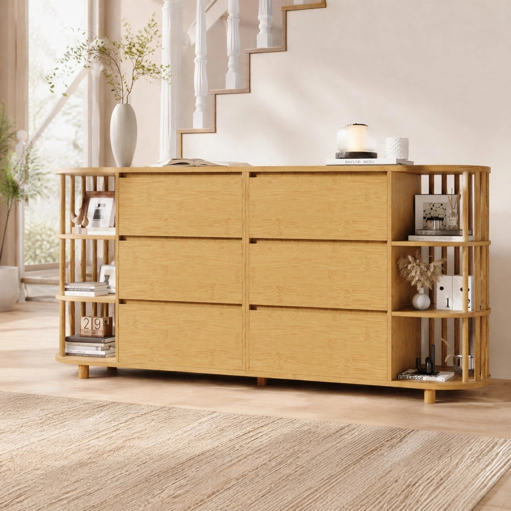 Credenza con 6 cassetti e ripiani in bambù stile romano rétro in MDF e bambù color rovere 160 × 40 × 75 cm
