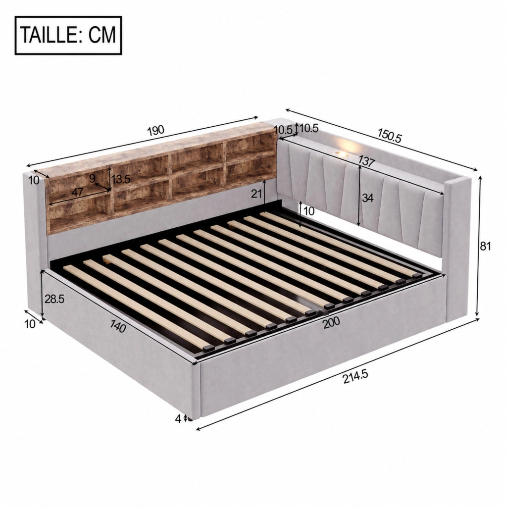 Letto matrimoniale imbottito 140 × 200 cm con contenitore idraulico velluto grigio chiaro USB e Type-C