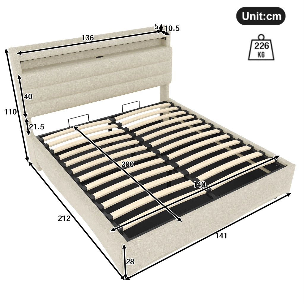 Letto contenitore 140 × 200 cm con LED; porte USB e Type-C; rivestito in lino beige con vano idraulico